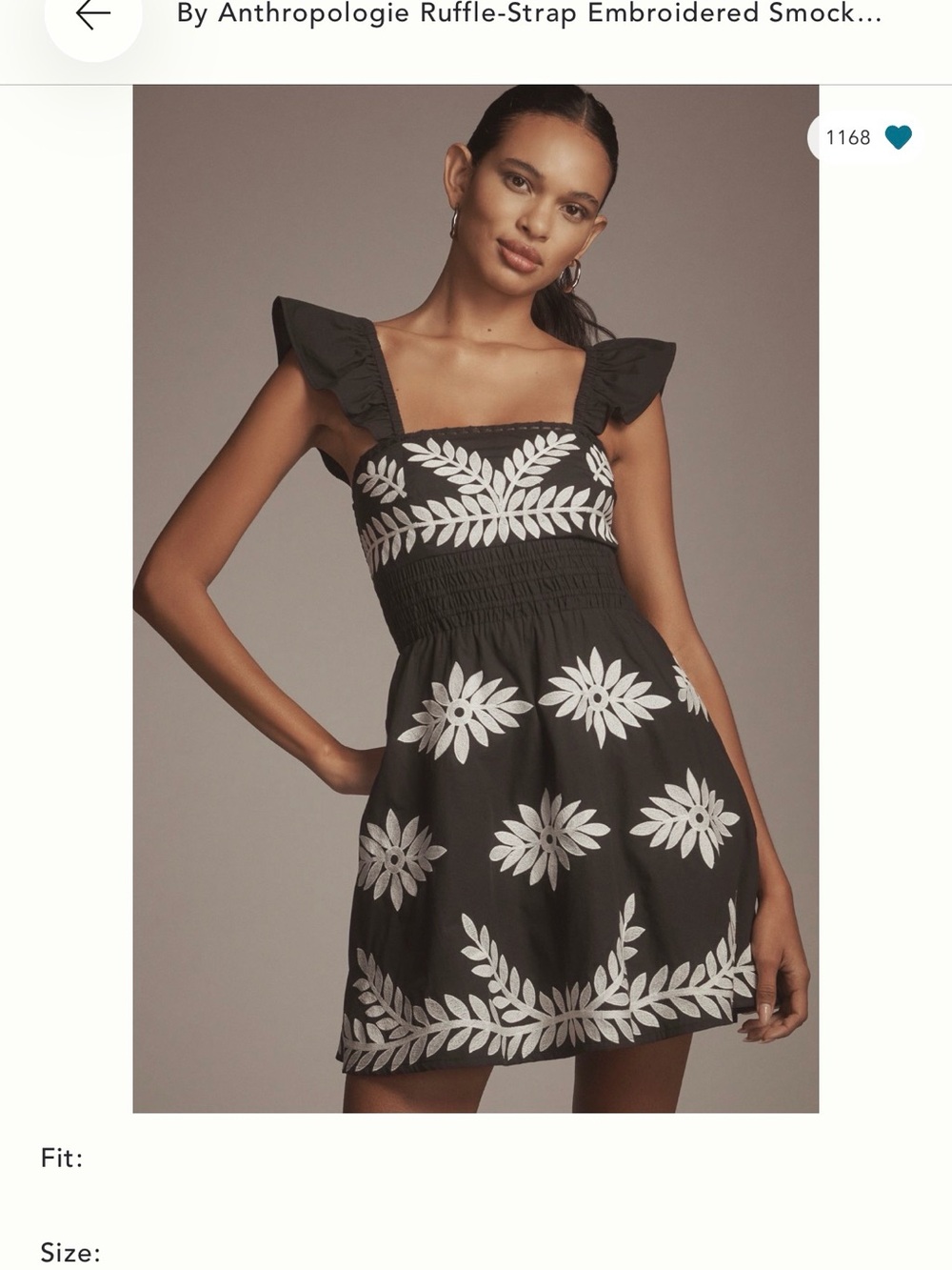 Anthropologie Black Mini Dress with White Floral Embroidery